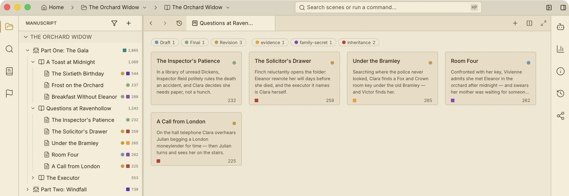 The Writer Studio Corkboard: the scene cards of a chapter, with synopses and statuses.