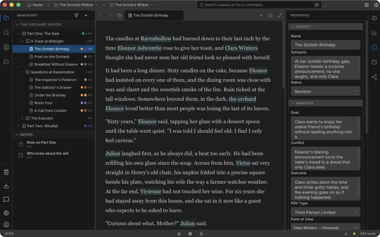 Writer Studio window: the manuscript structure on the left, a scene open in the editor in the center, and the scene’s properties on the right.