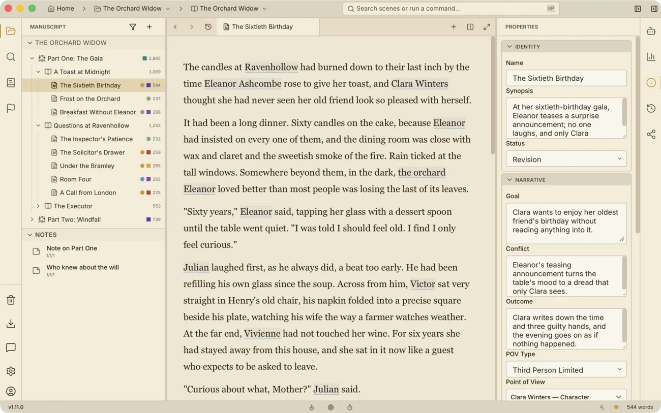 Writer Studio window: the manuscript structure on the left, a scene open in the editor in the center, and the scene’s properties on the right.