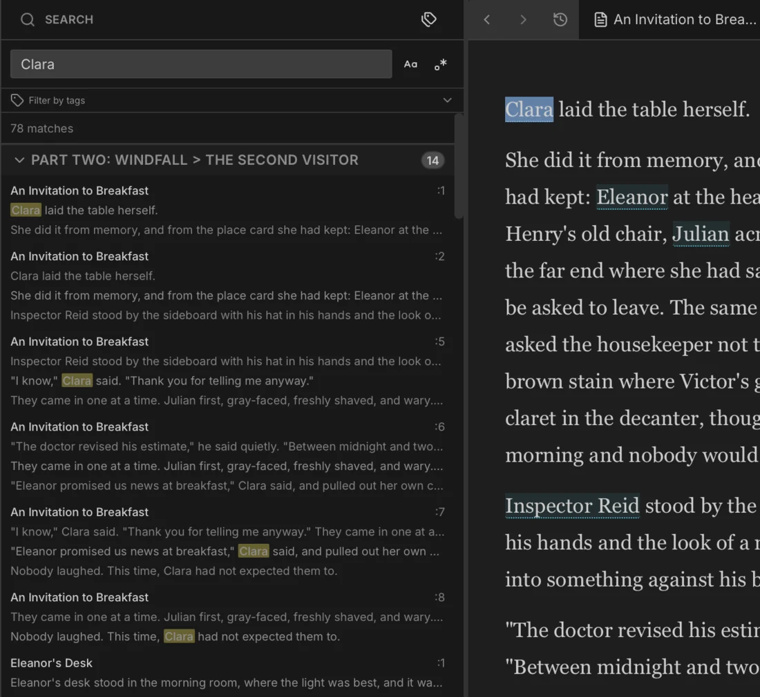 Project search in Writer Studio: one query and the matching passages across the manuscript.