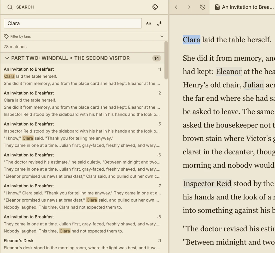 Project search in Writer Studio: one query and the matching passages across the manuscript.