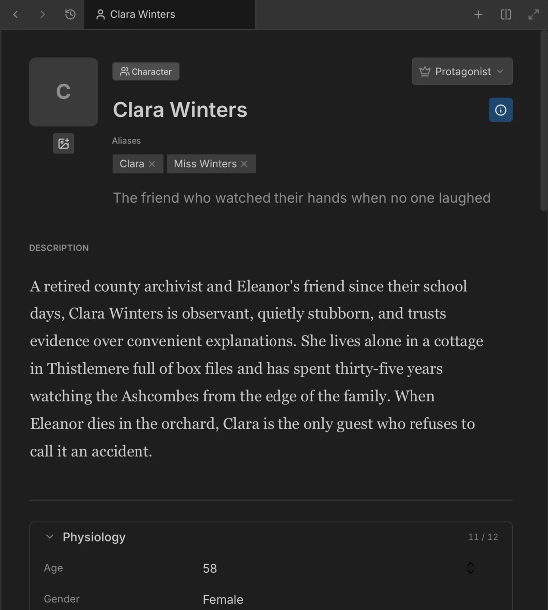A character card in the Writer Studio Book Wiki: role, aliases, a one-line hook, a description, and physical details.