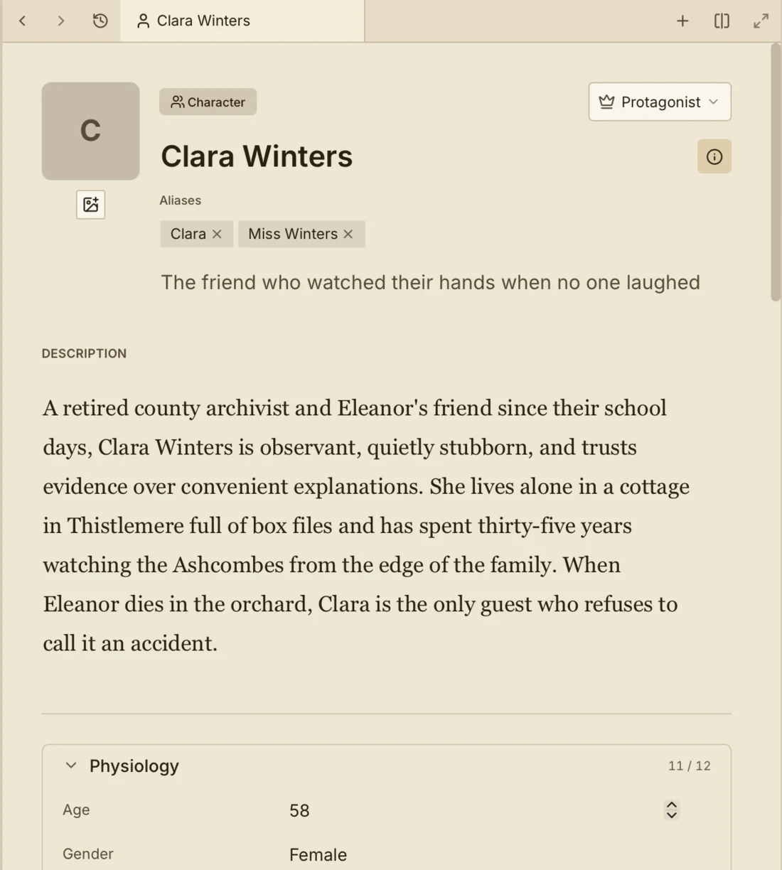 A character card in the Writer Studio Book Wiki: role, aliases, a one-line hook, a description, and physical details.